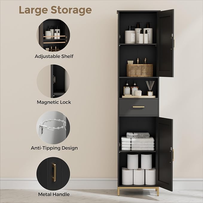 Homhedy 67" H Bathroom Storage Cabinet, Tall Storage Cabinet with Adjustable Shelves, Freestanding Cabinet with Doors and Drawer, Narrow Cabinet for Bathroom, Living Room, Kitchen, Dining Room, Black