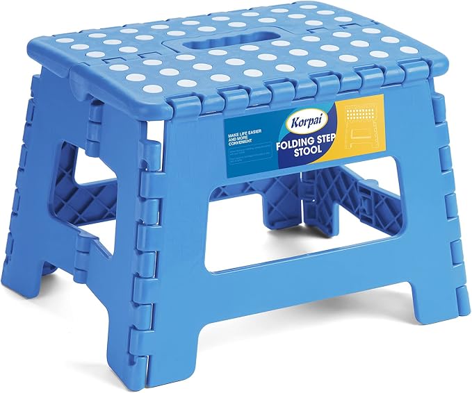 Korpai 9" Folding Step Stool for Adults and Kids Holds Up to 300 lbs,Non-Slip Folding Stools with Portable Handle, Compact Plastic Foldable Step Stool for Bathroom,Bedroom, Kitchen,Sky Blue,1PC