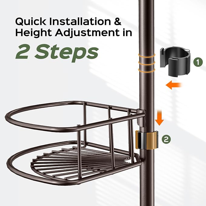 HAMITOR Shower Caddy Tension Pole: 4-Tier Rustproof Bathroom Corner Shelf Organizer for Renters - No Drill Large Shampoo Storage Rack Adjustable 47-121 Inch - Space Saving Bathtub Accessory - Bronze