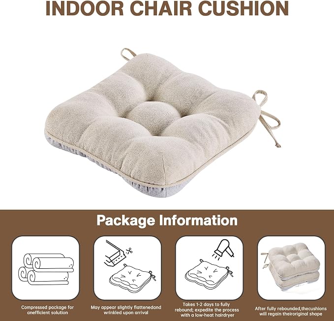 BETU Chair Cushions for Dining Chairs Set of 2,3.5" Thick Kitchen Table Chair Pads with Ties,Non Slip Backing and Covers, Seat Cushion for Dining Room,Bar,Patio Chairs,15.5"X15.5"X3.5",Beige