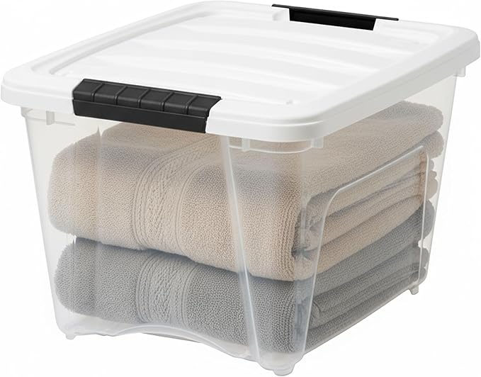IRIS USA 19 Qt Stackable Plastic Storage Bins with Lids, 6 Pack - BPA-Free, Made in USA - See-Through Organizing Solution, Latches, Durable Nestable Containers, Secure Pull Handle - Clear/White