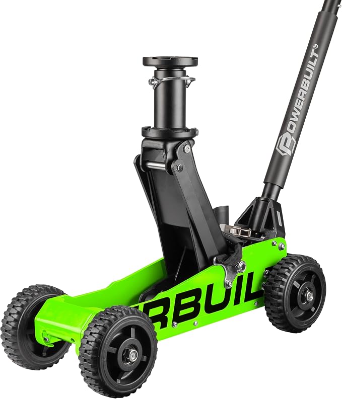 Powerbuilt 1.5 Ton Big Wheel Off Road Jack, Vehicle Lift for Trucks, SUVs, ATVs Offroad Vehicles, Oversized Wheels for Rugged Terrain, 3000 LB Capacity, Green 620628ECE