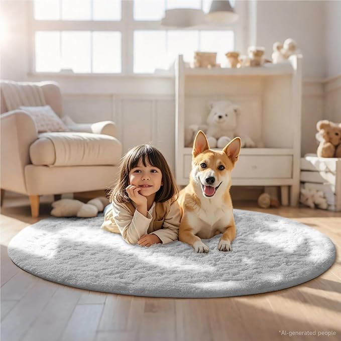 Ophanie Round Rugs 5Ft Pink Circle Area Rug, Fluffy Fuzzy Bedroom Carpet, Plush Soft Shaggy Indoor Floor Kawaii Living Room Rugs for Kids, Cute Room Decor for Teen Girls Home Decor Aesthetic, Nursery