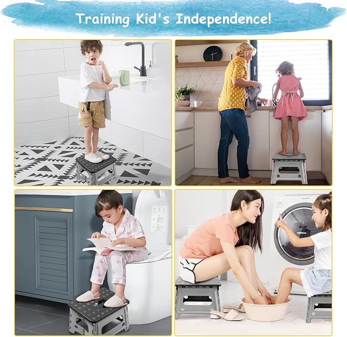 Child Step Stool for Kids and Toddlers Bathroom Sink – Foldable Safety Lock to Stable（ Grey ）