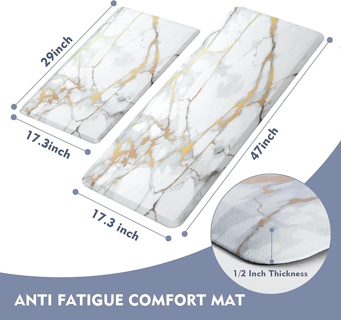 Anti Fatigue Kitchen Rugs and Mats 2 PCS,Comfort Cushion Mat Set,1/2 Thick Non Slip Kitchen Floor Rug Waterproof Cushioned Standing Mat for Floor Office Sink Laundry,(17.3"x29"+17.3"x47")