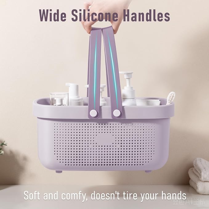 JiatuA Plastic Storage Basket with Handle Portable Shower Caddy Tote Organizer Basket Bin for Bathroom Kitchen Dorm Room Bedroom, ‌Purple