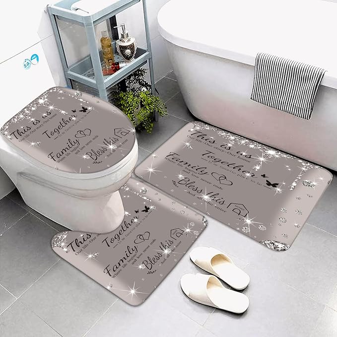 4Pcs Family Shower Curtain Sets with Non-Slip Rugs, Toilet Lid Cover and Bath Mat,Grey Glitter Diamond Home Bathroom Decor Set Accessories Waterproof Shower Curtains with 12 Hooks, 72 x 72 Inch