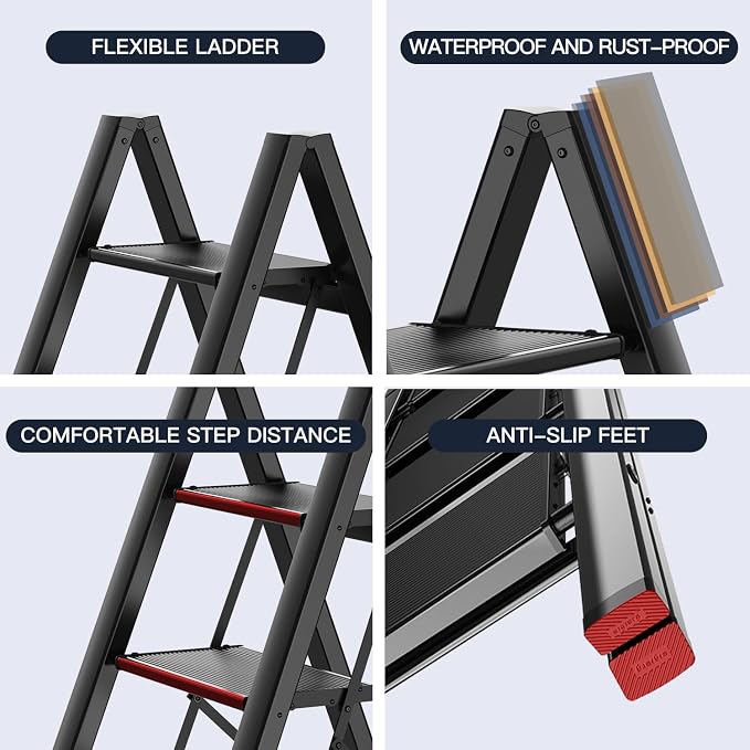 4 Step Ladder Folding Step Stool with Anti-Slip Sturdy and Wide Pedal for Adults&Elderly, Aluminum Portable Lightweight Stepladder for Home Kitchen Office, Black, 330lbs