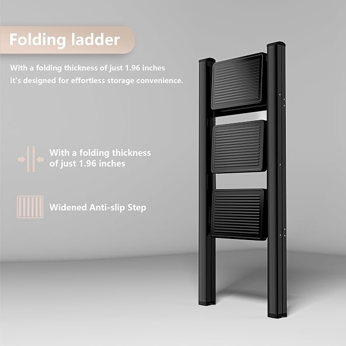 Step Ladder 3 Step Folding, Sturdy 330 Lbs Small Step Stool for Adults, Closet Step Stool Ladder with Anti-Slip Wide Pedals, Portable Folding Ladder for Home Kitchen Office