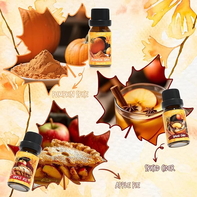 Soulorigin Autumn Fragrance Oils Set, Essential Oil for Diffuser, Fall Scent Diffuser Oil, Use for Soap Candle Making,Pumpkin Spice, Spiced Cider, Maple Syrup, Autumn Harvest, Cinnamon, and Apple Pie