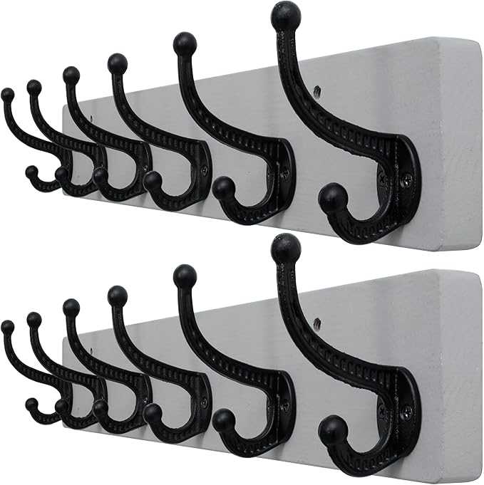 WEBI Rustic Coat Rack Wall Mount,24" Long 6 Cast Iron Coat Hooks Wall Mounted,Heavy Duty Wood Wall Coat Hanger Hooks for Hanging Coats,Jacket,Clothes,Backpack,Farmhouse,Gray,2 Packs