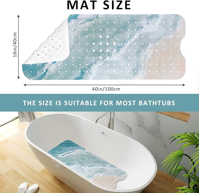 Beach Bathtub Mat Non Slip, Baby Bath Mat for Tub Rubber Tub Mat, Kids Bath Mats for Bathroom Ocean Waves Anti Slip Shower Mat with Suction and Drain Holes Machine Washable, 40″X16″