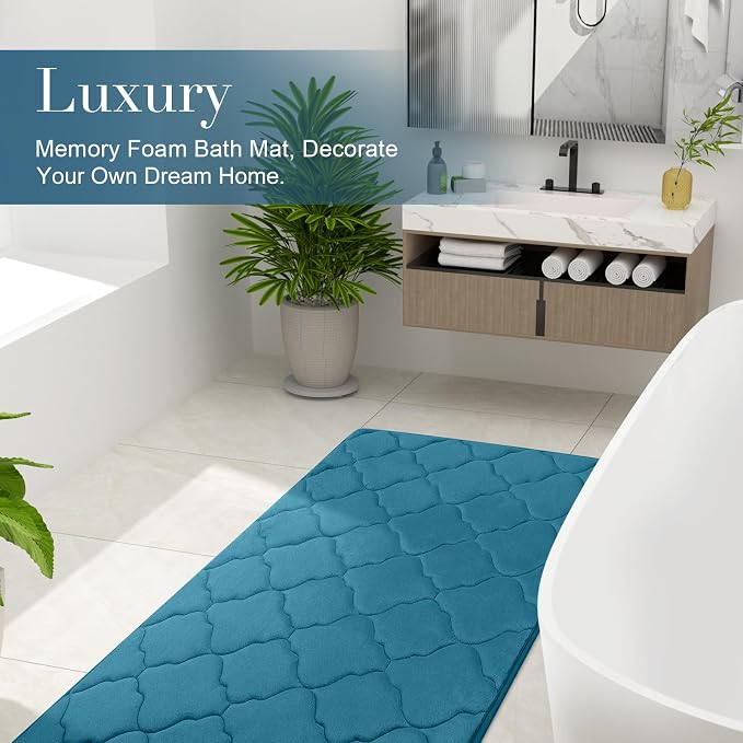 OLANLY Memory Foam Bath Mat Rug 30x20, Ultra Soft and Absorbent Bathroom Rugs, Non-Slip, Comfortable, Machine Washable Bath Carpet for Bathroom Floor, Shower and Home Decor Accessories, Peacock Blue