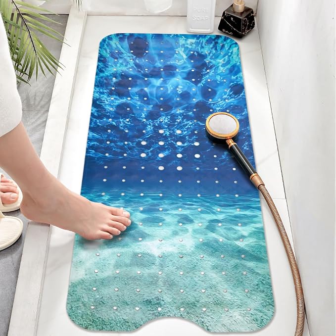 Seawater Bathtub Mat Non Slip, Ocean Waves Bath Tub Mat Baby Bath Mats for Bathroom Anti Slip Shower Mats for Inside Shower, Underwater Bathmat with Suction and Drain Holes Machine Washable, 40″x16″