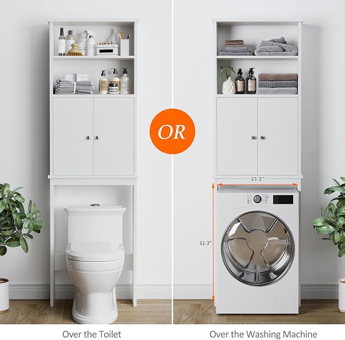 Over the Toilet Storage Cabinet for Bathroom, Extra Tall Over Toilet Storage, Space Saver W/Adjustable Shelf & Open Storage Shelf, 75in, White