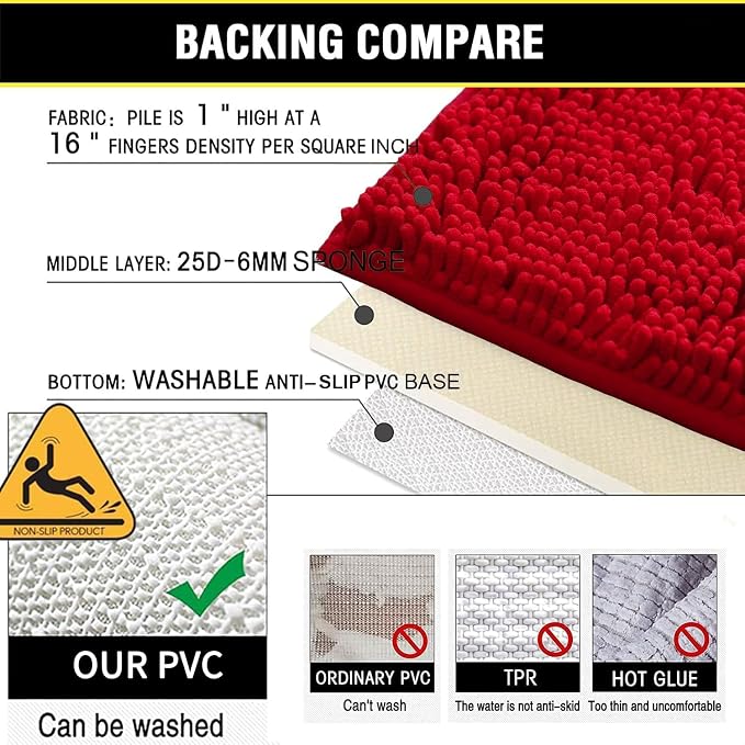 BOANKODU Bathroom Rugs Chenille 3-Piece Extra Soft and Absorbent Shag Bathroom Rugs, Machine Wash Mat, Strong PVC Non-Slip Underside, Plush Carpet Mats (Red)