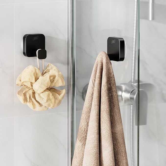 TAILI 304 Stainless Steel Bathroom Suction Hook for Towel, Loofah, Bathrobe, Patented Strong Suction Cup, Damage-Free Hanging Glass Shower Wall Hook, Hold Up to 11 Lbs, 2 Pack, Modern Square, Black