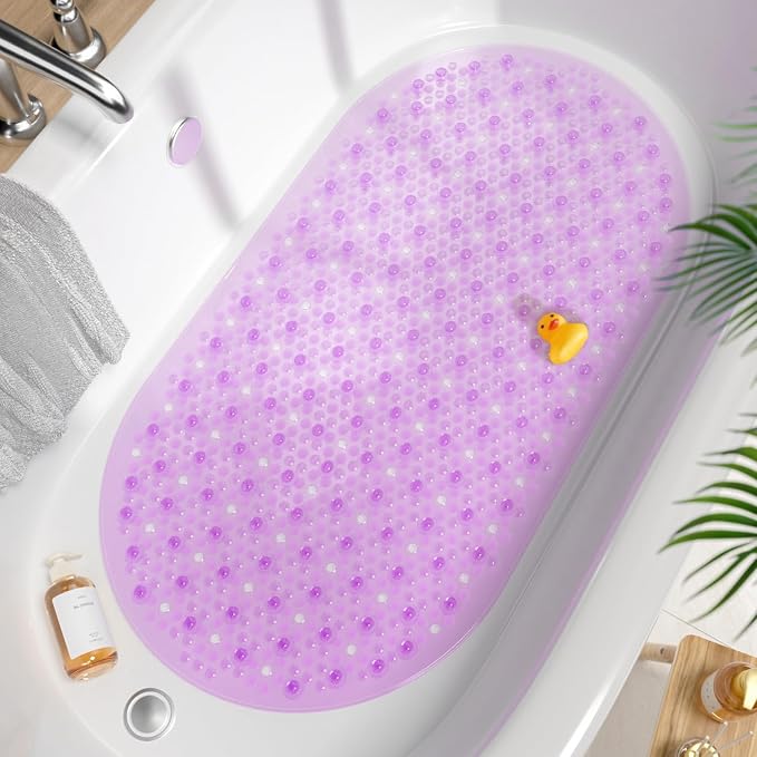 HITSLAM Oval Bathtub Mat Non Slip, 27x15 Inch Bubble Bath Tub Mat for Bathroom, Machine Washable Shower Mat with Suction Cups and Drain Holes, Purple