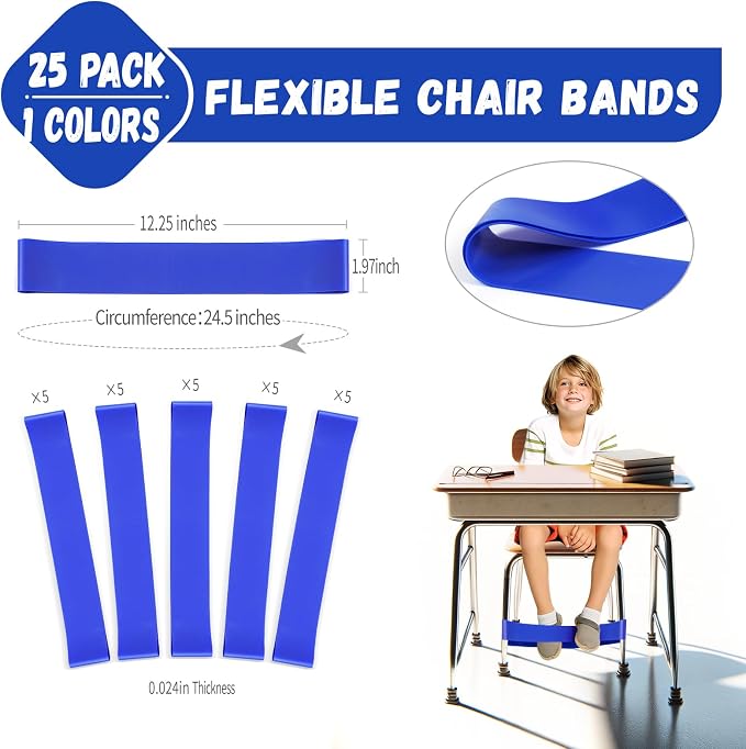 25 Pack Chair Bands for Kids with Fidgety Feet, ADHD Tools for Kids, Improve Focus & Reduce Restlessness, Chair Bands for Sensory ADHD ADD Autism - Classroom & Home Must Haves (Blue)