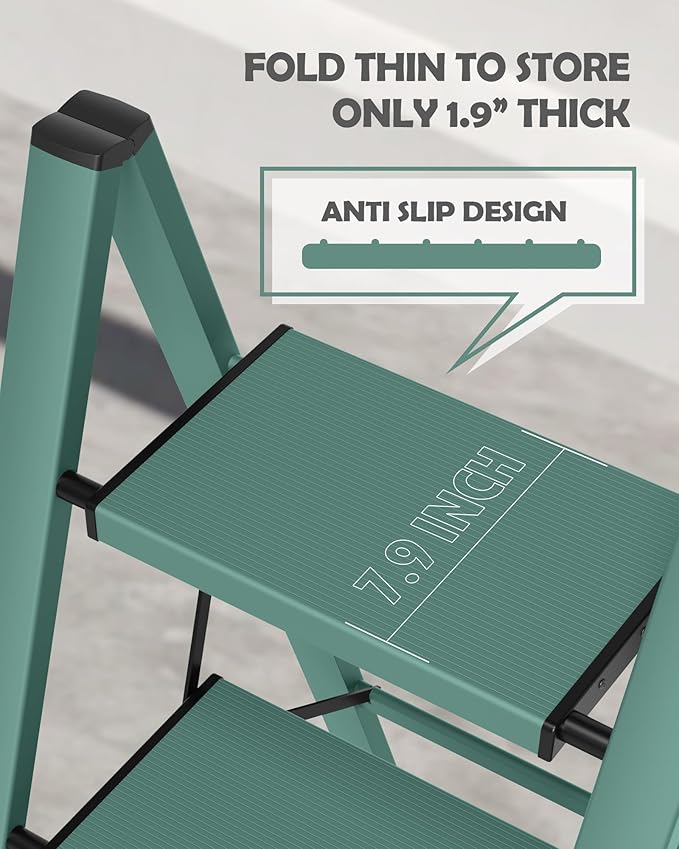 Taranta 2 Step Ladder,Aluminum Lightweight Folding 2 Step Stool with Anti-Slip Wide Pedal,330lbs Capacity Step Ladder for Household,Kitchen,Office - Green