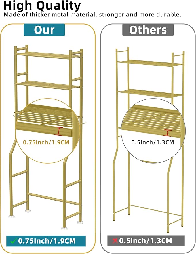 Livilord 3-Tier Over The Toilet Storage, Freestanding Metal Bathroom Shelves with 4 Hooks, Over Toilet Storage Shelf with Paper Holder, Above The Toilet Shelf for Bathroom Storage, Gold