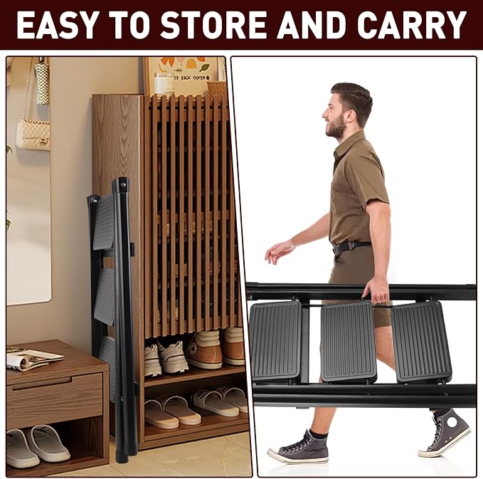 3-Step Ladder, Folding Step Stool for Kitchen/Closet/Garage, Sturdy & Lightweight Aluminum Handy Ladder, 200 lbs Capacity, Anti-Slip Pedals, Compact & Portable for Home DIY & Everyday Tasks