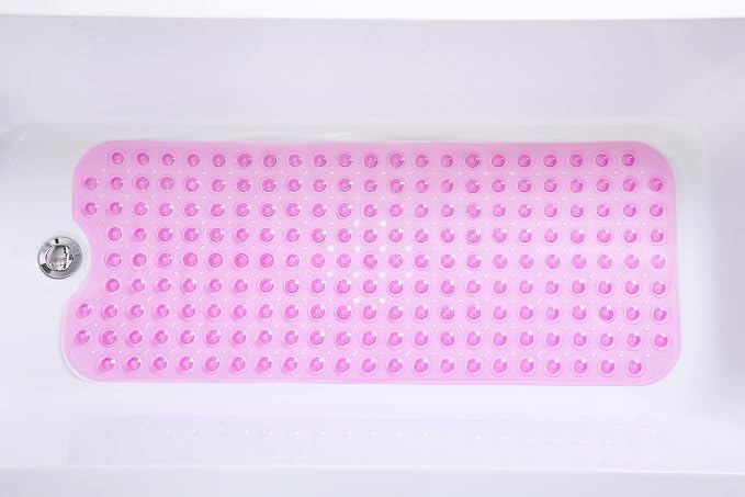 Extra-Long Non-Slip Bathtub & Shower Mat 39”x16” (Smooth/Non-Textured Tubs Only) Safe, Clean, Machine-Washable, Superior Grip&Drainage, Vinyl, Transparent Pink