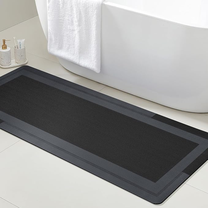 ACCUMTEK Non Slip Bath Mat, Thin Bathroom Rugs Fit Under Door, Quick Dry Bath Mats, Machine Washable Bath Rugs for Bathroom, Bathtub & Kitchen, Bathtub, Black/Bordered/48 x20