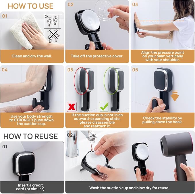 LEVERLOC 4 Pack Suction Cup Hooks for Inside Shower, Powerful Vacuum Suction Shower Holder for Towel, Loofah, Clothes, Damage Free Hanging Bathroom Wall Hooks, Easy to Install and Remove, Black