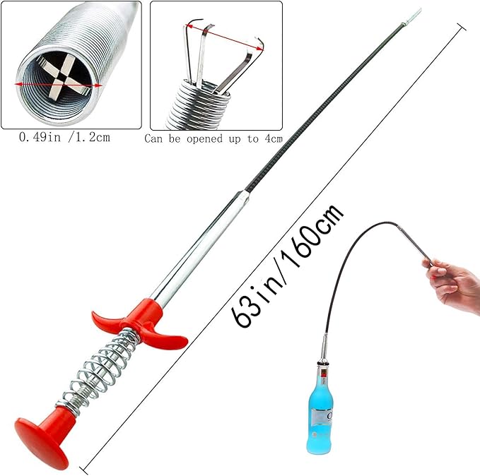 Flexible Drain Clog Remover Tool, Extra Long Plumbing Snake Hair Catcher with 4-Prong Grabber Claw, Heavy-Duty Spring Reacher for Kitchen Sink, Bathroom Tub, Sewer & Dropped Items (63 inch)
