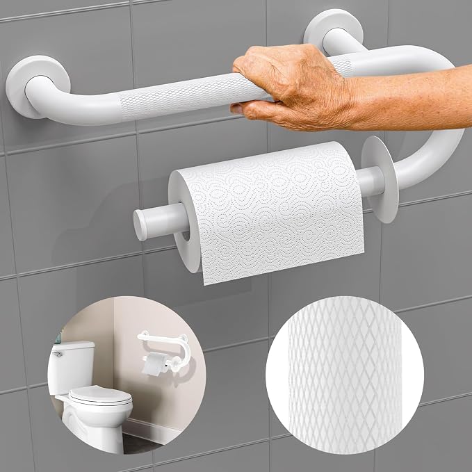 𝐔𝐩𝐠𝐫𝐚𝐝𝐞𝐝 Toilet Grab Bars 16 Inch - Toilet Paper Holder Grab Bar Stainless Steel Knurled Toilet Grab Bars for Seniors Bathtub Bathroom Rails for Elderly Bath Safety Balance Support, White
