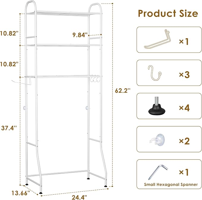 3-Tier Over The Toilet Storage Rack - Freestanding Bathroom Shelf Organizer with Toilet Paper Holder & 3 Hooks, Space-Saving Sturdy Rust-Resistant Design, 62" H White