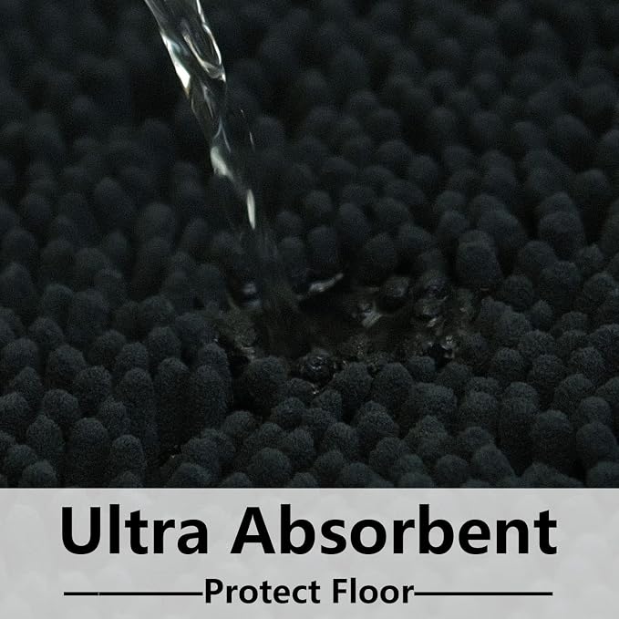 Black Bathroom Rug Chenille 3-Piece Extra Soft and Absorbent Shag Bathroom Rugs, Machine Wash Mat, Strong PVC Non-Slip Underside, Plush Carpet Mats (Black)