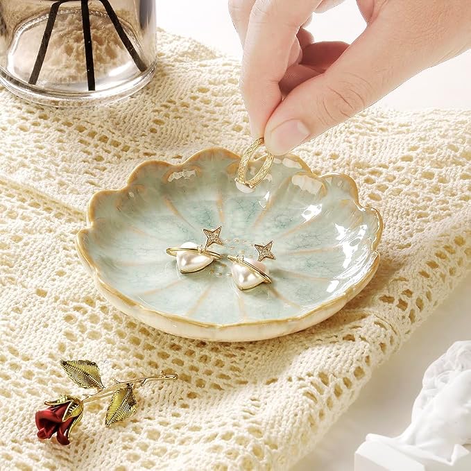 Lotus Ring Holder Dish Small Indoor Ash Tray, Ceramic Dessert Plate Trinket Jewelry Holder Organizing Necklace Earrings for Parents Friends Sister, Light Green. All Jewelries Are NOT Included.