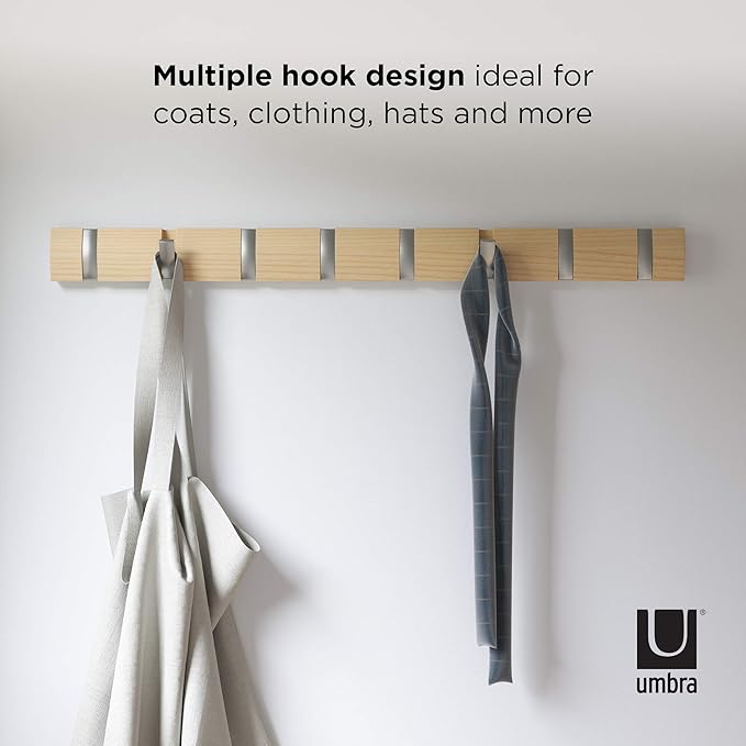 Umbra Flip Wall-Mounted Coat Rack with 8 Hooks – Modern, Space-Saving Storage for Hats, Jackets, Bags, Entryway, Mudroom, Closet, Bathroom, Bedroom – Natural/Nickel