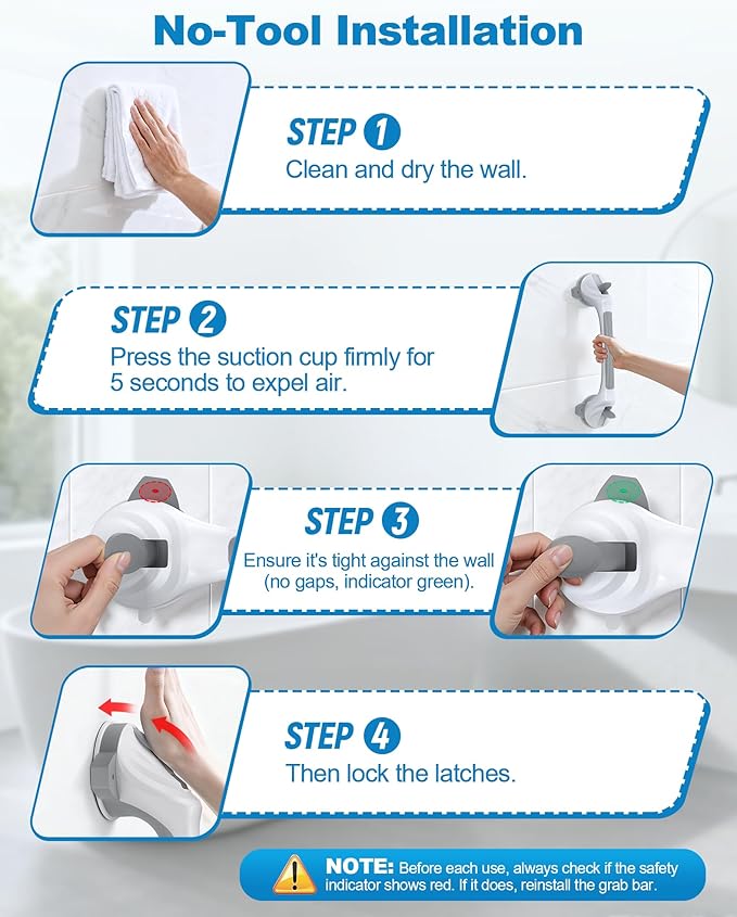 Grab Bars for Shower, 16.7" Shower Grab Bars for Seniors, Heavy Duty Suction Cup Shower Handle with Safety Indicators, No-Drill Anti-Slip Bathroom Shower Bars for Elderly & Handicap, 2 Pack