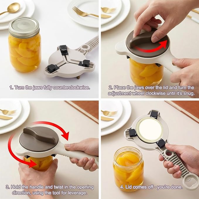 4-in-1 Adjustable Jar Opener for Seniors & Weak Hands - Multifunctional Stainless Steel Can Opener, Bottle Cap Gripper for Arthritis Sufferers - Kitchen Gadgets for Easy Opening（Brown）