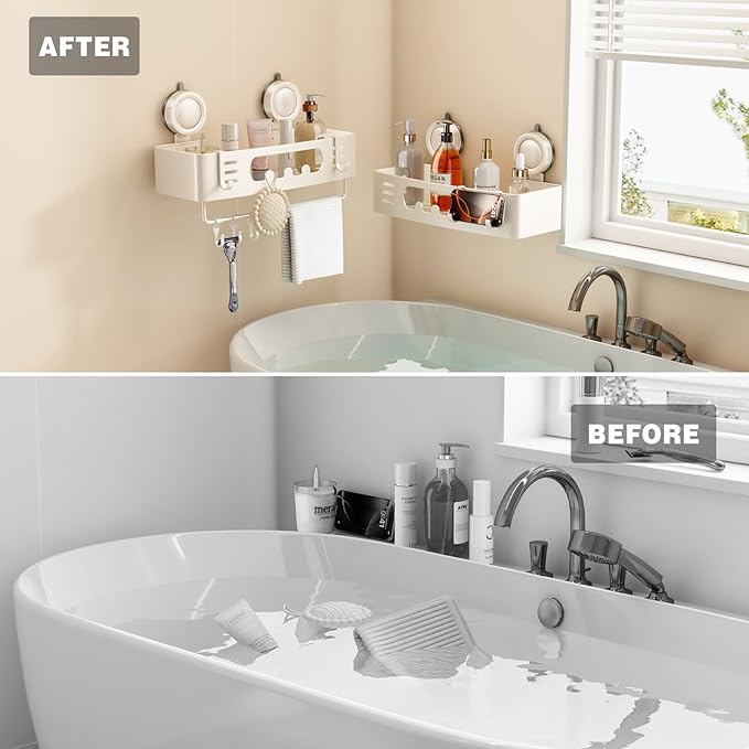 Voldra Shower Caddy Suction Cup, Shower Shelves for Inside Shower No Drilling, Aluminum Suction Showers Organizer for Wall with Towel Bar & Hooks Removable Bathroom Storage Rack (2 Pack-Cream White)