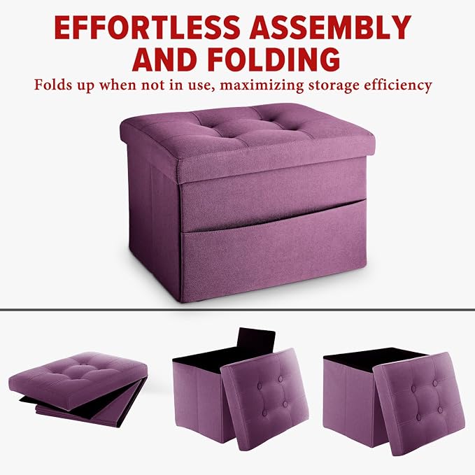 LINMAGCO Storage Ottoman Folding Foot Stool Foot Rest with Side Pocket Modern Ottoman with Storage Short Sofa Stool Linen Cloth 17x13x13(Purple)
