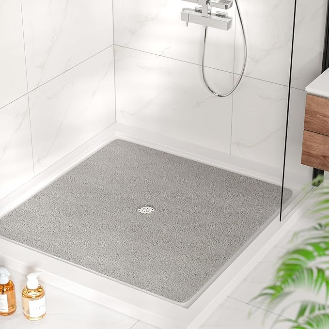 HITSLAM Square Shower Mat, 47 x 47 Inch Non Slip Bath Mat for Tub, Soft PVC Loofah Bathtub Mats with Drain Holes, Quick Drying Bathroom Stall Floor Mat, Bathroom Accessories Without Suction Cup, Grey
