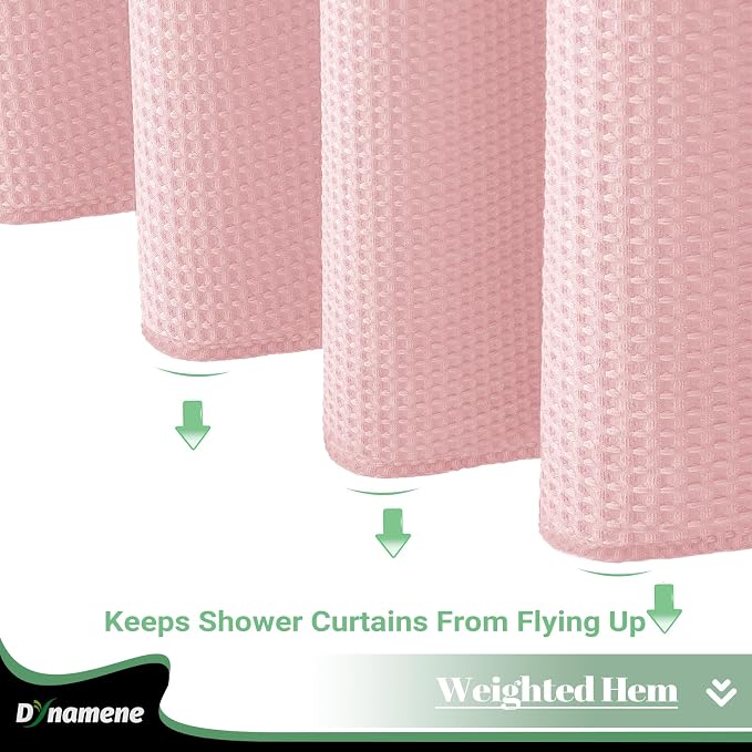 Dynamene 78 Inch Long Shower Curtain, Tall Waffle Fabric Shower Curtains for Bathroom, Hotel Waterproof Cloth Shower Curtain Liner Set with Hooks, Snap in Liner, Mesh Top Window, Pink, 72x78
