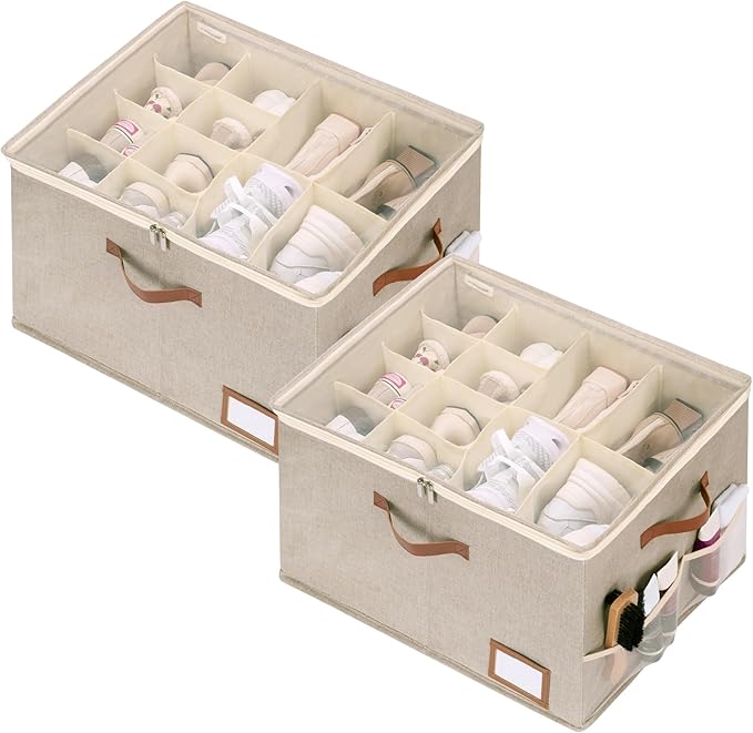 StorageWorks Shoe Organizer for Closet, 2 Pack Shoe Storage Boxes with Clear Lid, Stackable Shoe Storage Organizer for Sandals and Slippers, Fabric Shoe Bins for Closet, Holds 16–32 Pairs, Taupe