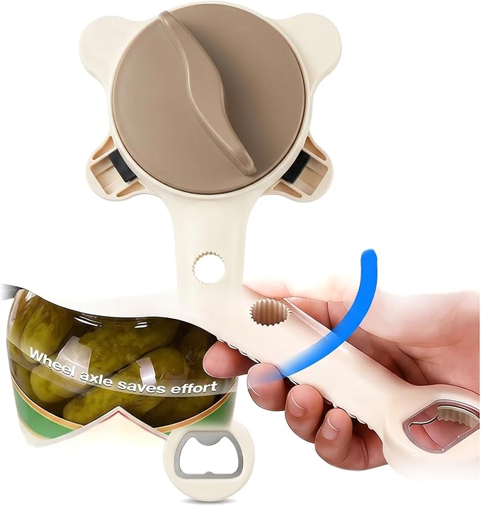 4 in 1 Multi-Purpose Jar Opener, Magnetic Stainless Steel with Ergonomic Handle, Multi-Size Lid Tool for Jars, Cans Wine, Ideal for Seniors, Arthritis and Weak Hands (Beige)