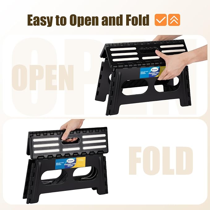 Korpai 9" Folding Step Stool for Adults and Kids 15-Inch Extra Wide Stool Holds Up to 300 lbs,Non-Slip Folding Stools with Handle,Compact Plastic Foldable Step Stool for Bathroom,Kitchen,ect, Black