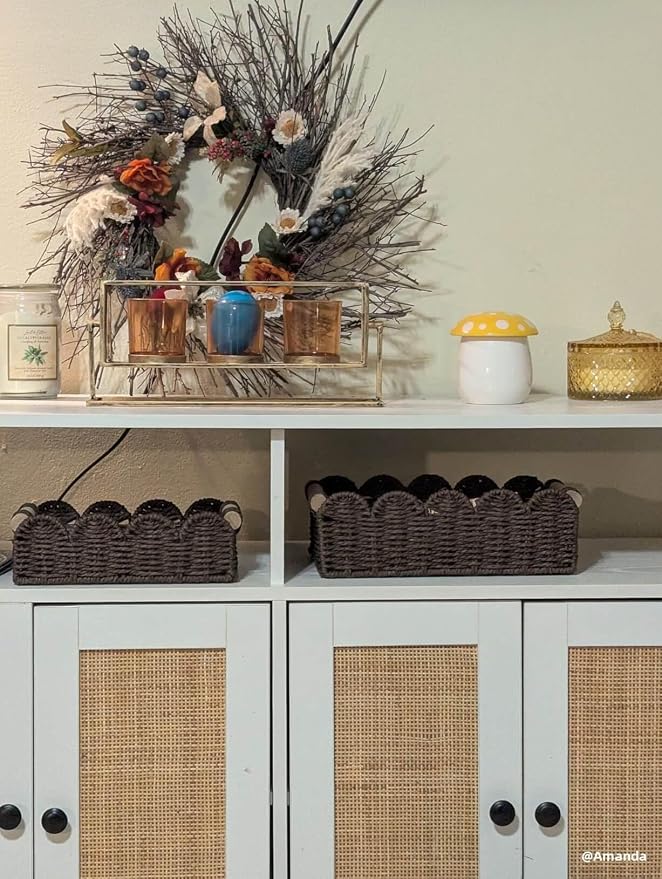 CubesLand Toilet Paper Storage Organizer Basket, Scalloped Decorative Baskets for Over Toilet Shelves, Wicker Small Basket Perfect for Home Countertop Storage & Decor, Living Room Shelf Decor, Brown