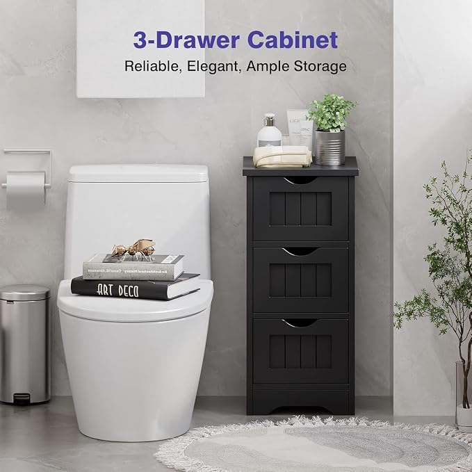 Floor Cabinet with 3 Drawers, Freestanding Side Storage Organizer, Wooden Storage Cabinet for Bathroom Home Office Living Room(Black)