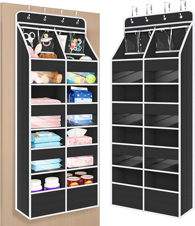 Univivi 5-Shelf Over Door Hanging Organizer Fabric Door Storage for Baby Nursery Nursery Closet Cabinet Wall Mount Hanging Storage Organizers with 8 Deep Pockets and 4 Small PVC Pockets(Black)