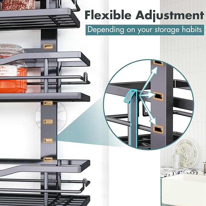 Eastherry Over The Door Pantry Organizer，6-Tier Over The Door Organizer with Adjustable Basket，Metal Hanging Pantry Organizers and Storage for Kitchen, Back of Door Seasoning Rack (Black)