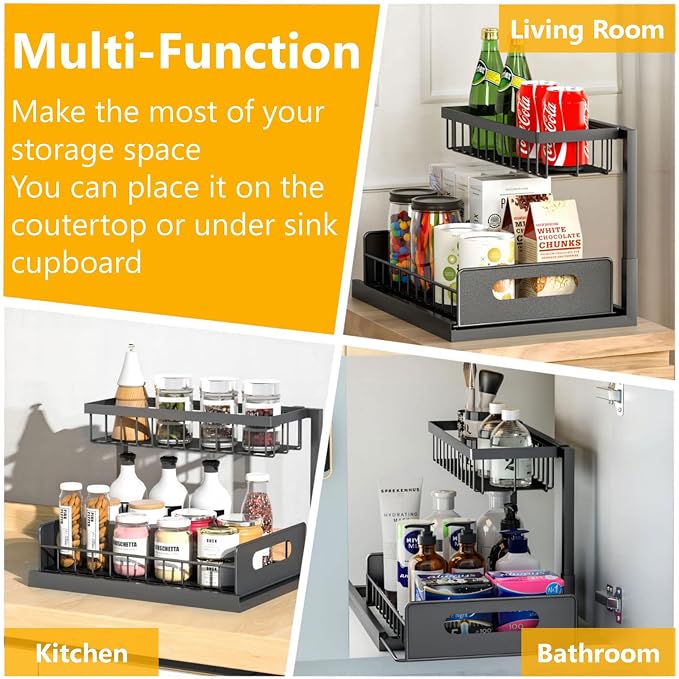 Ceetug Under Sink Organizers and Storage 2 Tier Slide Out Kitchen Cabinet Organizer Sturdy Metal Bathroom Storage (Black, 1 Pack)