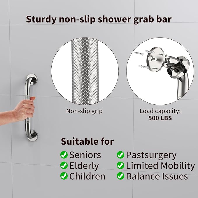 12 Inch Anti Slip Shower Grab Bar Handle, ZUEXT Chrome Finish Stainless Steel Bathroom Grab Bar, Knurled Bathroom Balance Bar,Safety Hand Rail Support,Handicap Elderly Injury Senior Assist Bath Handle